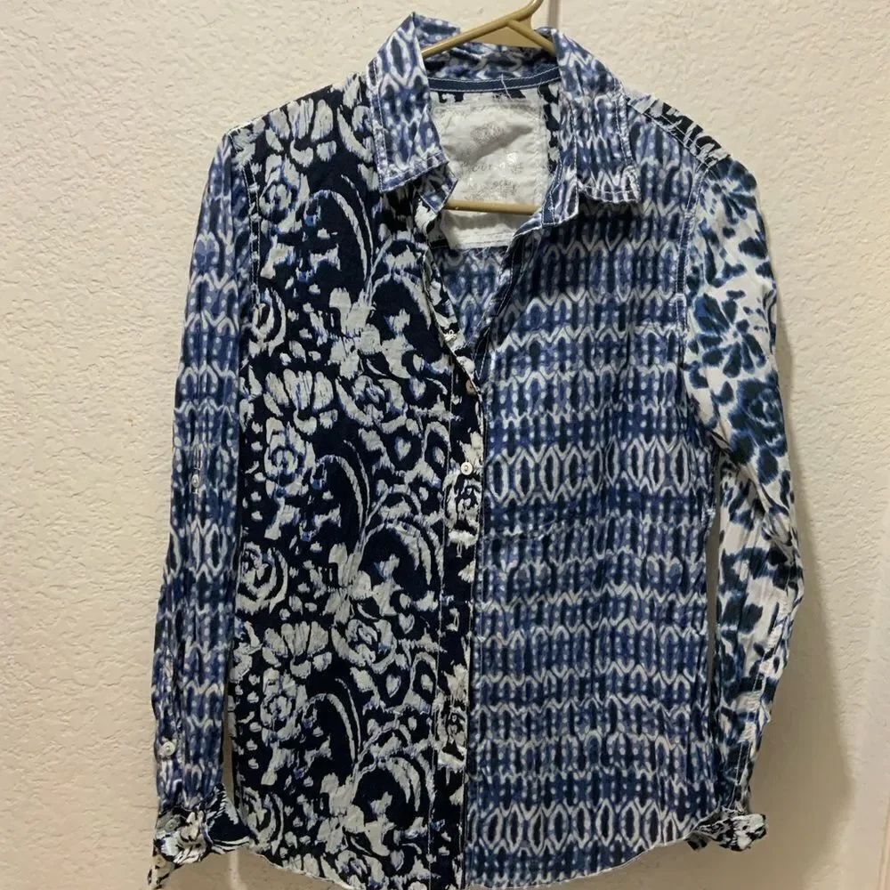 Cino Button Down Shirt Women’s XXS Blue Floral Print Boho Long Sleeve Cotton